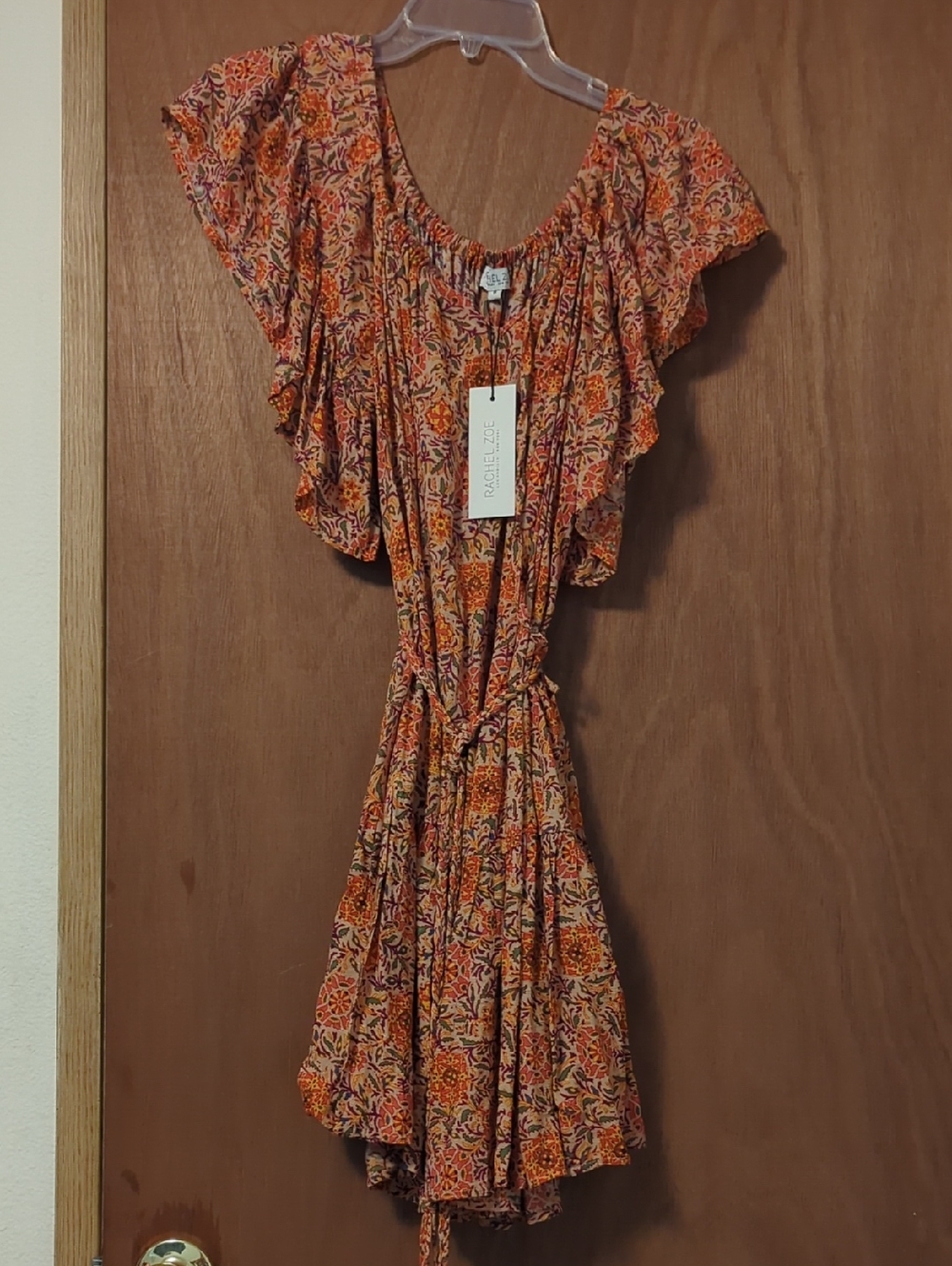 Boho Orange Floral Ruffle Mini Dress with Tie Waist